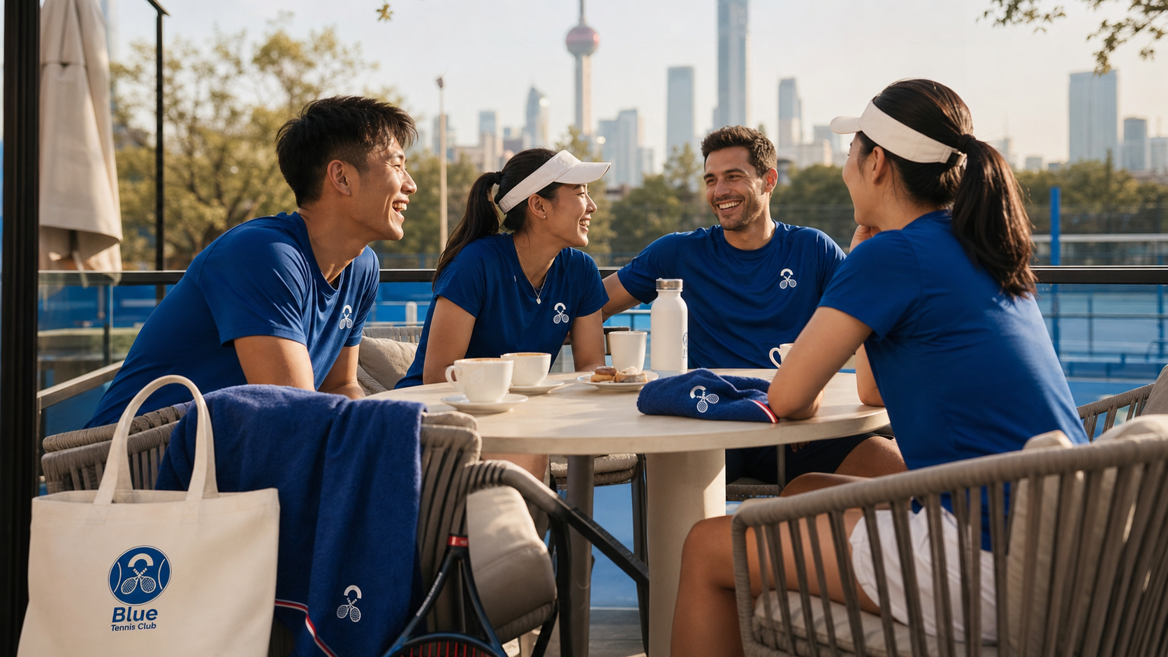 Blue Tennis Club players laughing over post-match coffee