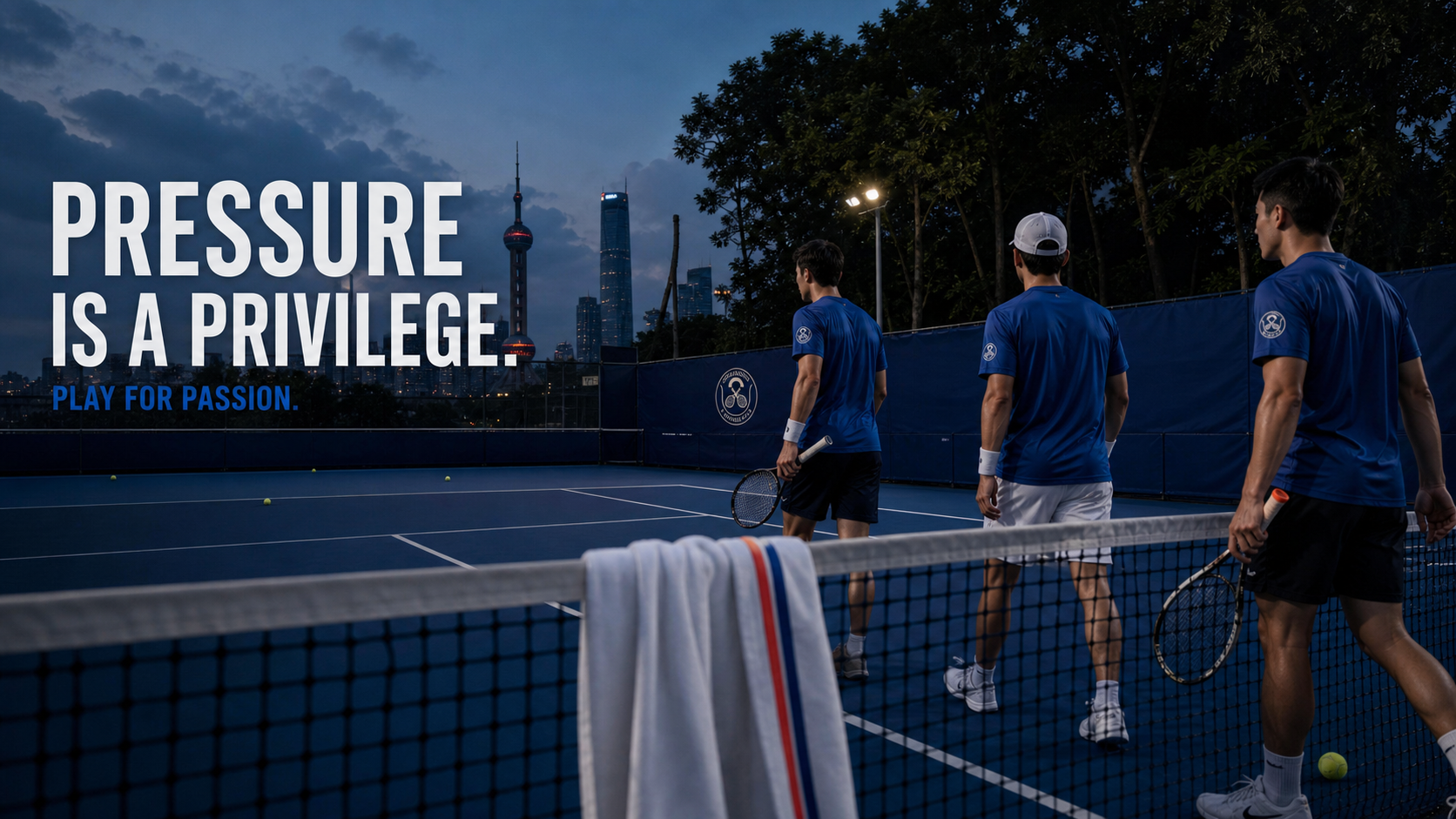 Blue Tennis Club players walking onto a Shanghai tennis court at dusk